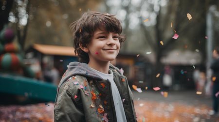 Portrait of a cute little boy with confetti on the street.の素材