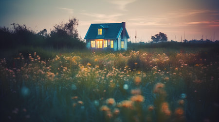 Old house in the meadow at sunset. Retro style photo.