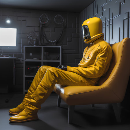 Spaceman in yellow suit sitting in armchair and looking at cameraの素材