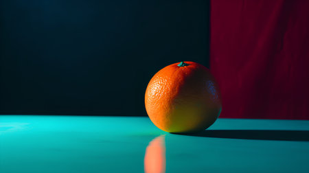 Orange on a dark background with a red and blue background. Horizontal photo.の素材