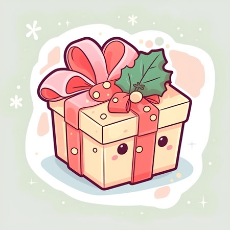 Gift box with bow and holly berry. Vector illustration.の素材