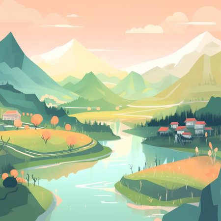 Landscape with lake and mountains. Vector illustration in cartoon style.の素材