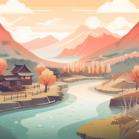 Autumn landscape with mountains and river. Flat style vector illustration.の素材