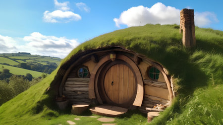 Traditional icelandic house made of grass and wooden door. 3d renderの素材