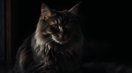 Portrait of a Maine Coon cat on a black background.の素材