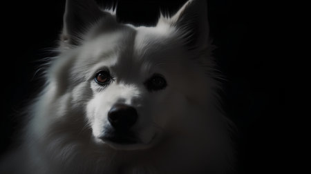 Portrait of a beautiful Samoyed dog on a dark backgroundの素材