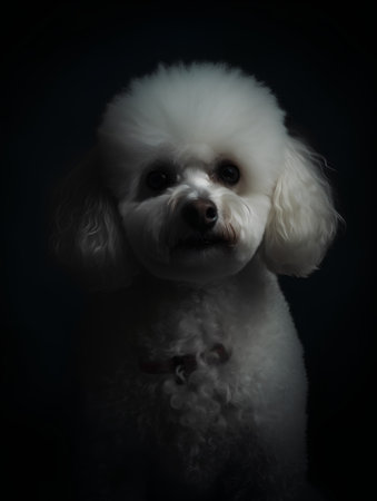 Studio portrait of a white poodle on a dark background, looking at the cameraの素材