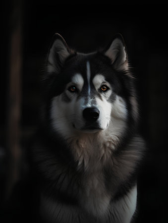 Portrait of a beautiful siberian husky on a dark backgroundの素材