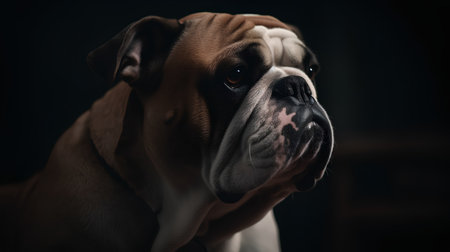 Portrait of a dog breed English Bulldog on a dark backgroundの素材