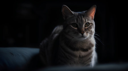Portrait of a beautiful tabby cat on the sofa in the darkの素材