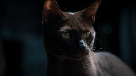 Portrait of a beautiful Burmese cat on a dark backgroundの素材