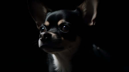 Portrait of a cute purebred puppy chihuahua on a black backgroundの素材