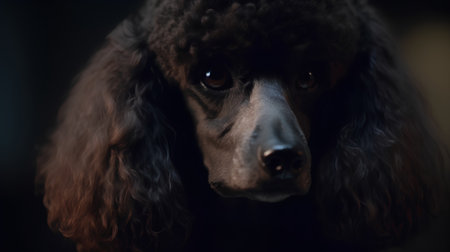 Portrait of a brown poodle dog on a dark background.の素材