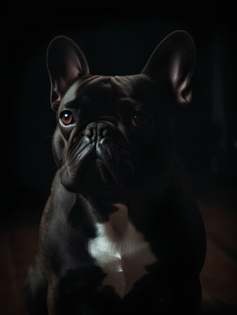 Portrait of a beautiful french bulldog on a dark background.の素材