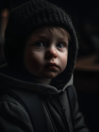 Portrait of a little boy in a black jacket and hat.の素材