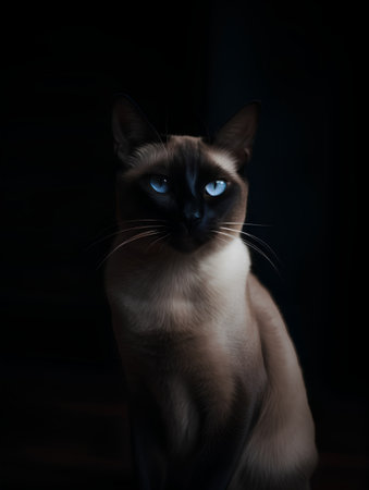 Portrait of a Siamese cat on a black background.の素材