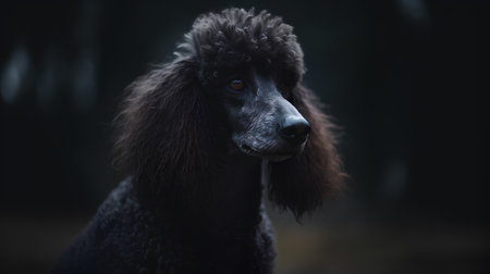 Portrait of a beautiful black poodle dog on a dark backgroundの素材