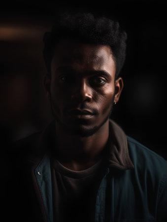 Portrait of a young African American man in a dark room.の素材
