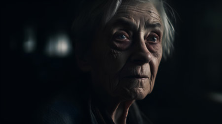Portrait of a sad elderly woman on dark background. Toned.の素材