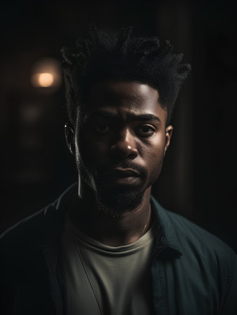 Portrait of a handsome african american man in a dark roomの素材