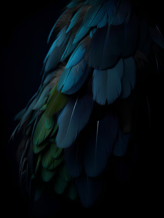 beautiful bird feathers on a black background, close-up.の素材