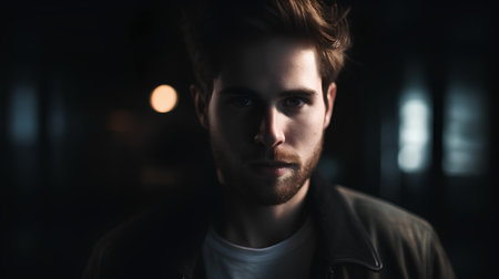 Portrait of a handsome young man in a dark room. Men's beauty, fashion.の素材