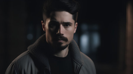 Portrait of a handsome young man with a beard in a dark roomの素材