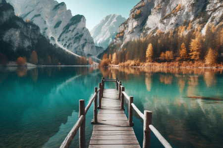 Wooden pier on lake braies in south tyrol, italyの素材