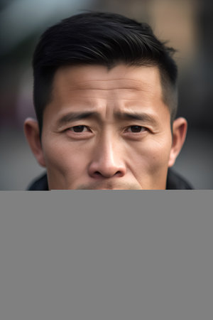 Portrait of asian man in the city. Shallow depth of field.の素材