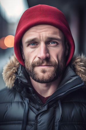 Handsome bearded man in a red hat and jacket on the streetの素材