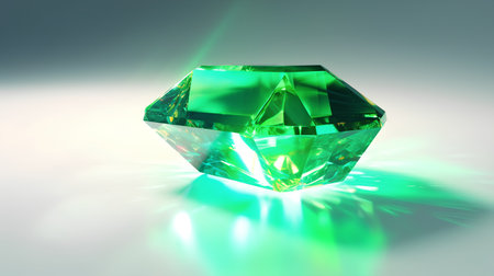 3d rendering of a green diamond on a white background with reflectionの素材