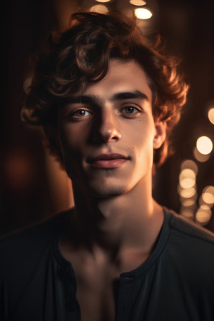 Portrait of a handsome young man with curly hair in a dark roomの素材