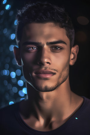 Portrait of a handsome young man at night. Men's beauty, fashion.の素材