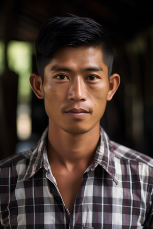 Portrait of handsome young asian man in checkered shirtの素材