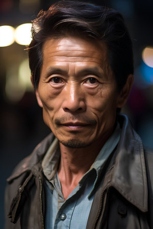 Portrait of an asian man in the city at night.の素材
