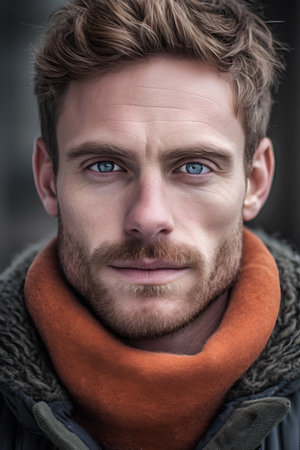 Portrait of a handsome young man with a beard and mustache wearing a warm scarf.の素材