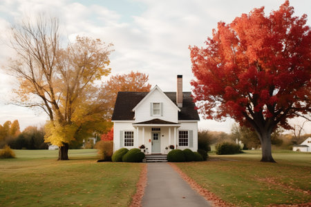 Autumn in the park with a beautiful house and maple trees.の素材