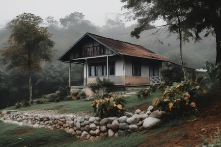 Thai house on the mountain with morning fog in the morning.の素材