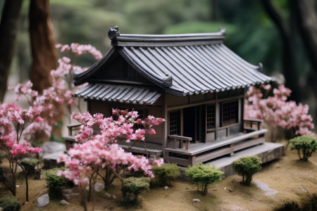 Traditional japanese house with pink sakura flowers in the gardenの素材