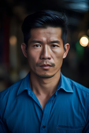 Portrait of handsome Asian man in blue shirt looking at camera.の素材