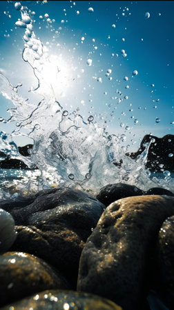 Splashes of water on the rocks. Sea and sky background.の素材
