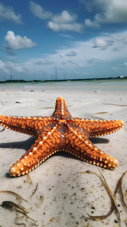 Starfish on the beach with blue sky and white clouds background.の素材