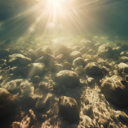 underwater scene with sunbeams and rocks in the ocean.の素材