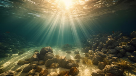 Underwater scene with sunbeams and coral reef. 3d renderの素材