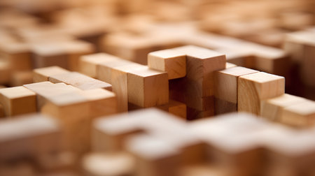 Wooden puzzle pieces on a wooden background. Shallow depth of field.の素材