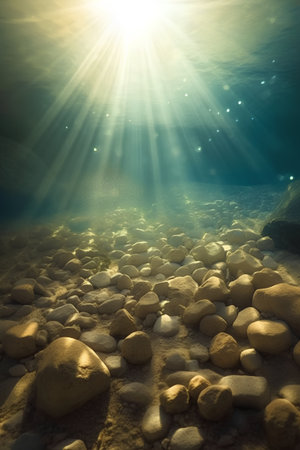 underwater scene with rocks and sun rays coming through the water.の素材
