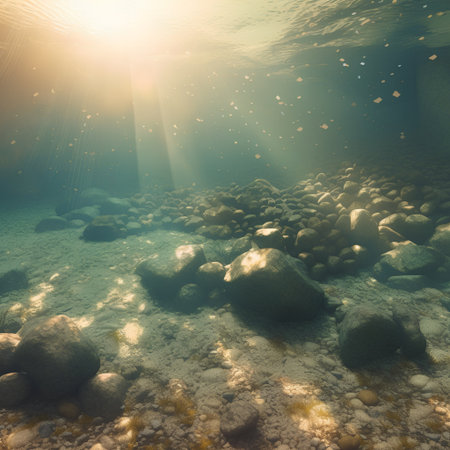 Underwater landscape with rocks and sunbeams. 3d renderの素材