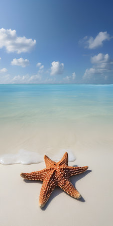 Starfish on a tropical beach with a blue sky and white cloudsの素材