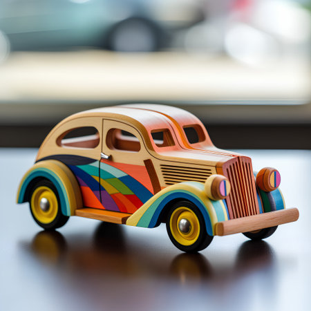 Wooden toy car on the table in the background of the carの素材