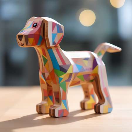 Wooden toy dog on a wooden table in front of a blurred backgroundの素材